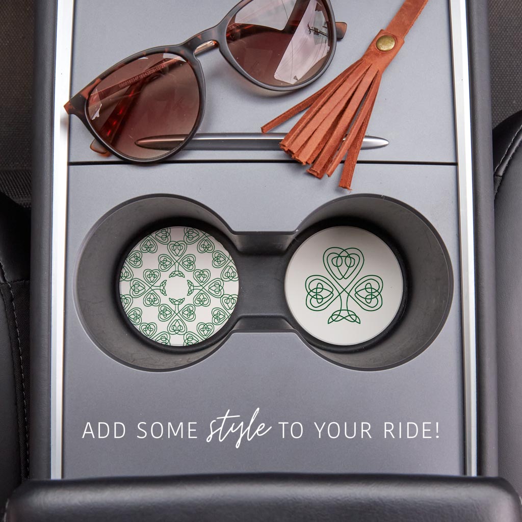 White Green Shamrock Pattern Shape | Absorbent Car Coasters | Set of 2 | Min 4