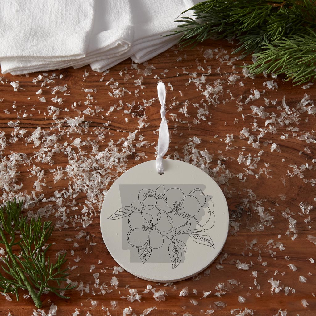 B&W Minimalist Arkansas Single Line Apple Blossoms | Wood Ornament | Eaches | Min 6