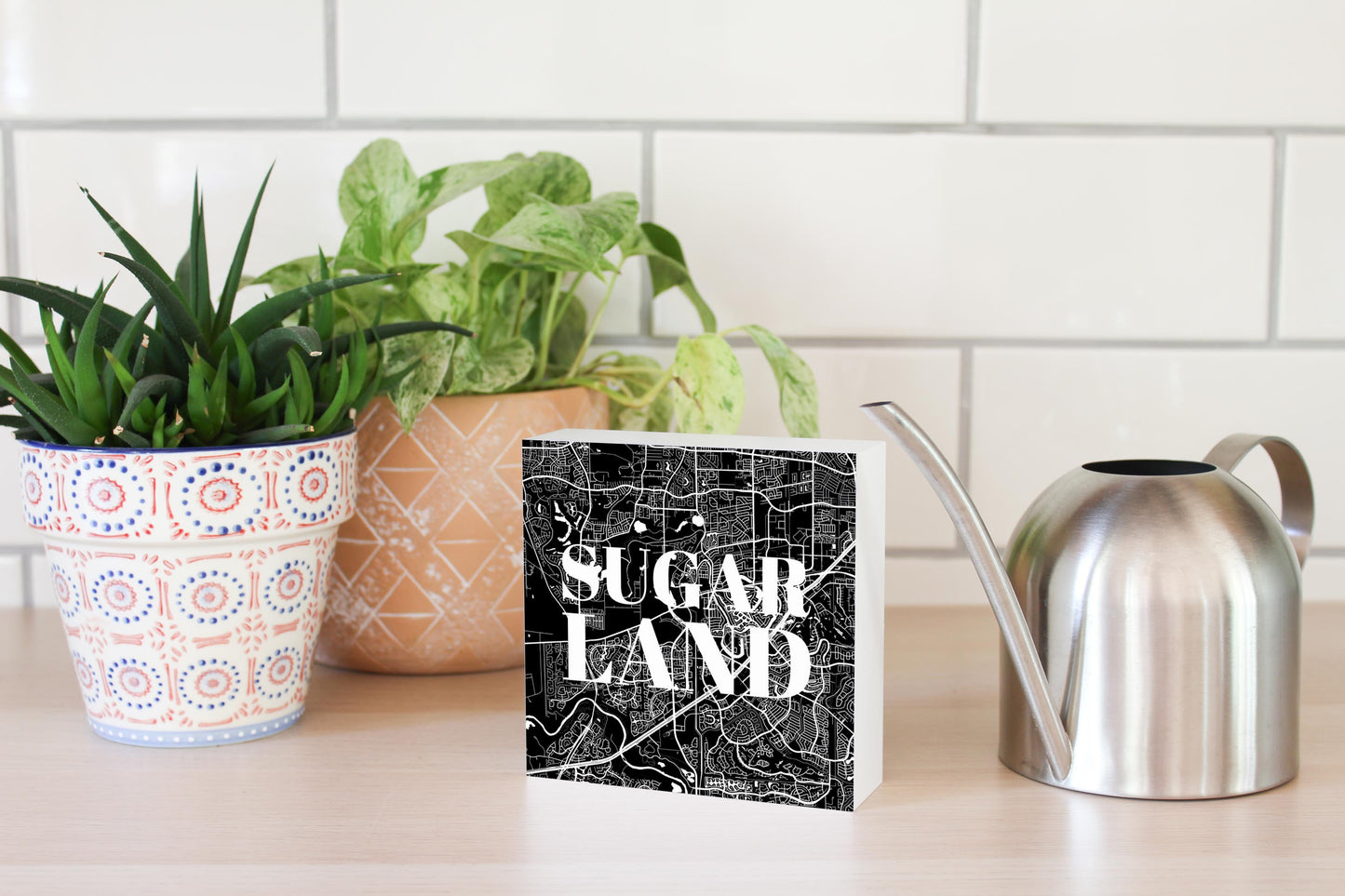 Minimalistic B&W Texas Sugarland Map | Wood Block | Eaches | Min 4