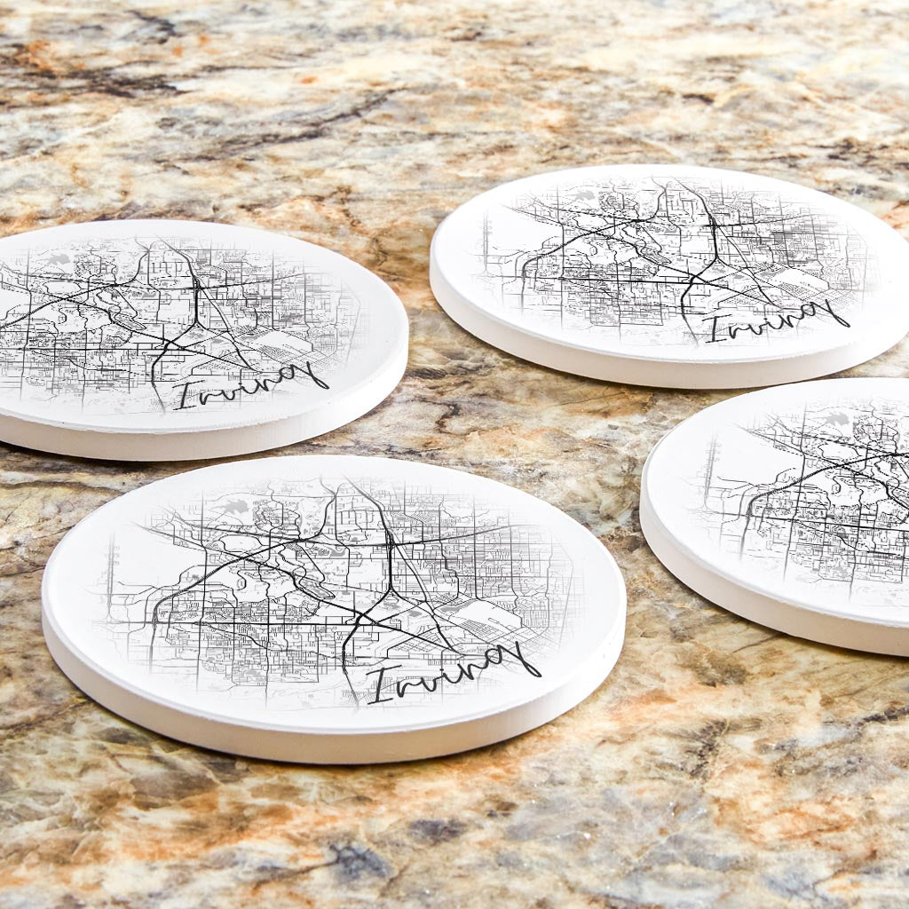 Minimalistic B&W Texas Irving Circle Map | Absorbent Coasters | Set of 4 | Min 2