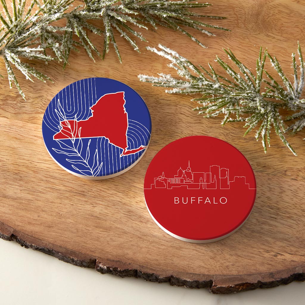 Red White And Blue New York State Buffalo Skyline| Absorbent Car Coasters | Set of 2 | Min 4