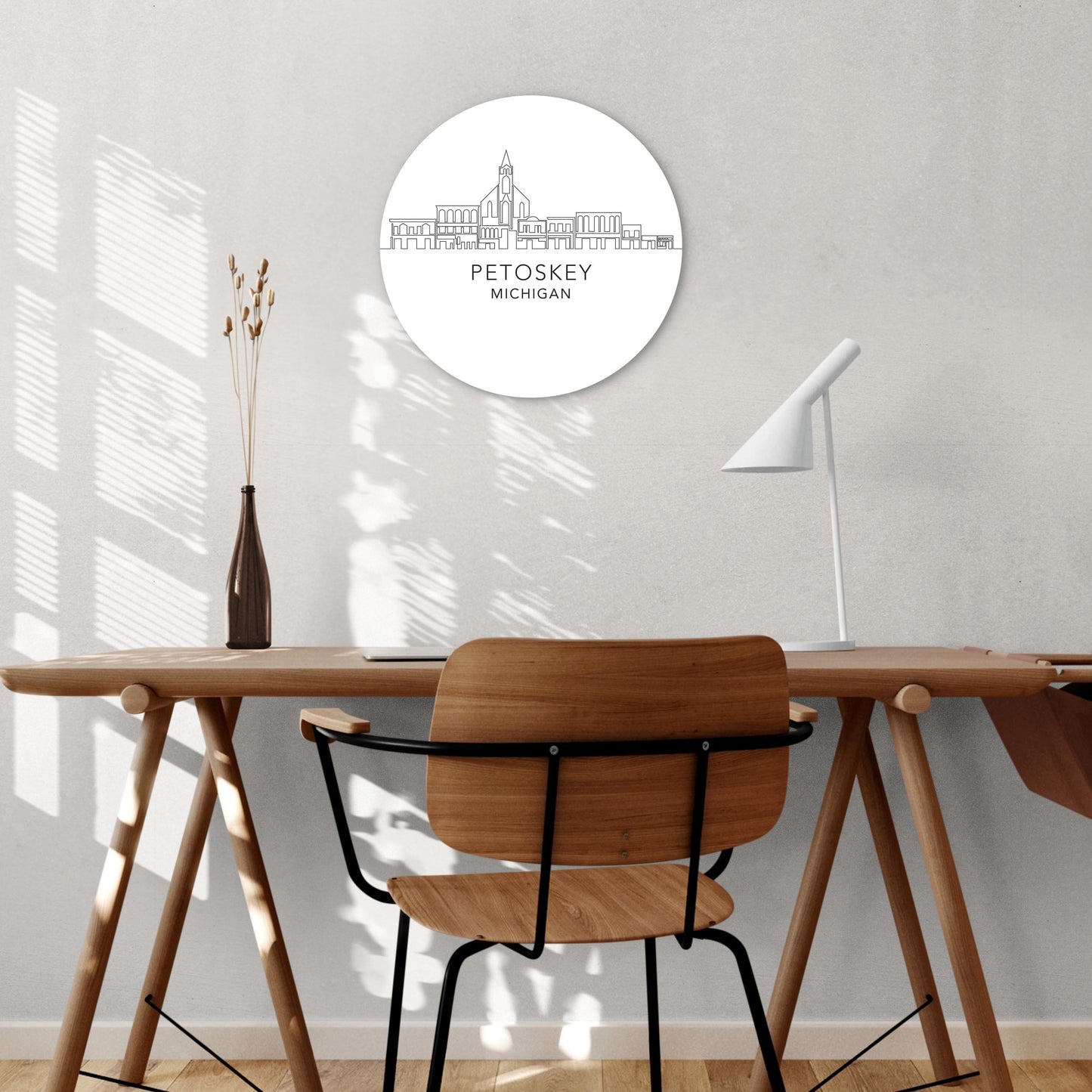 Minimalistic B&W Michigan Petoskey Skyline | Wood Sign | Eaches | Min 1