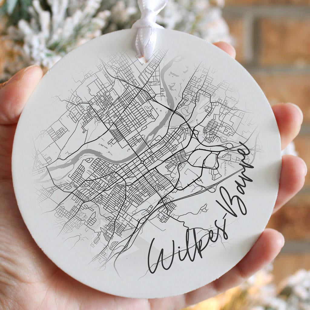 Minimalistic B&W Pennsylvania Wilkes Barre Circle Map| Wood Ornament | Eaches | Min 6