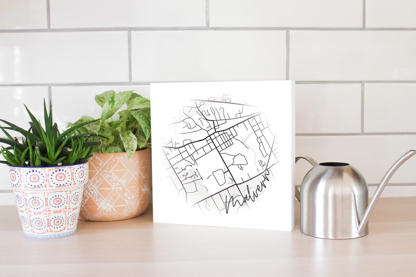 Minimalistic B&W Pennsylvania Malvern Circle Map | Wood Block | Eaches | Min 2
