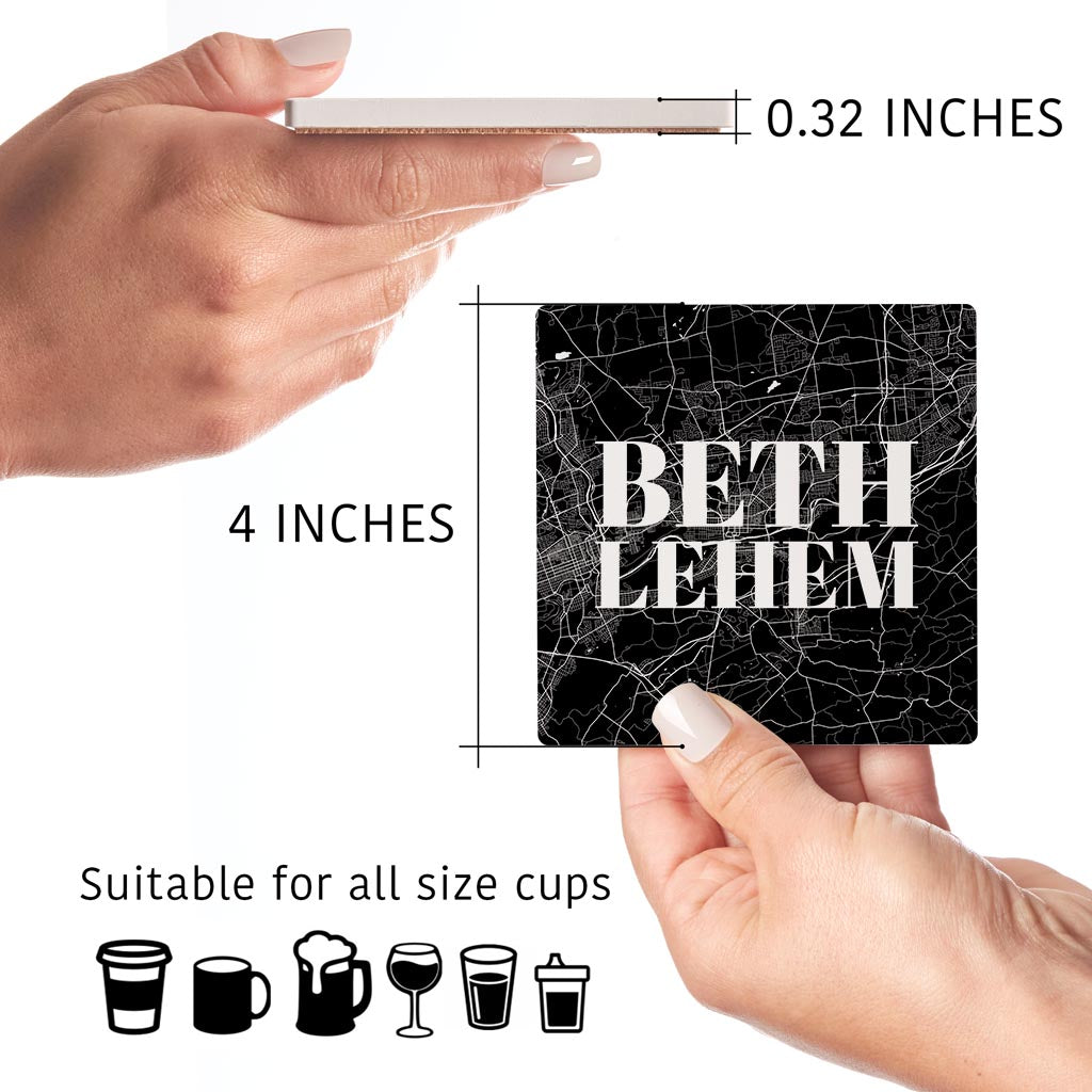 Minimalistic B&W Pennsylvania Bethlehem Map | Absorbent Coasters | Set of 4 | Min 2