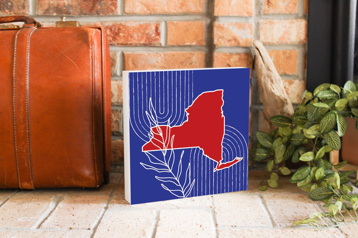 Red White And Blue New York State Retro Thin Lines | Wood Block | Eaches | Min 2