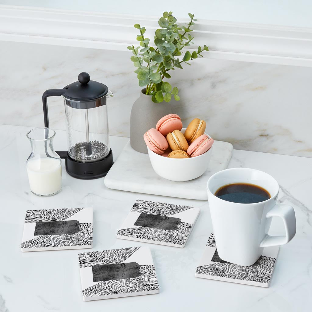 Minimalistic B&W Pennsylvania Shape Fluid Lines | Absorbent Coasters | Set of 4 | Min 2