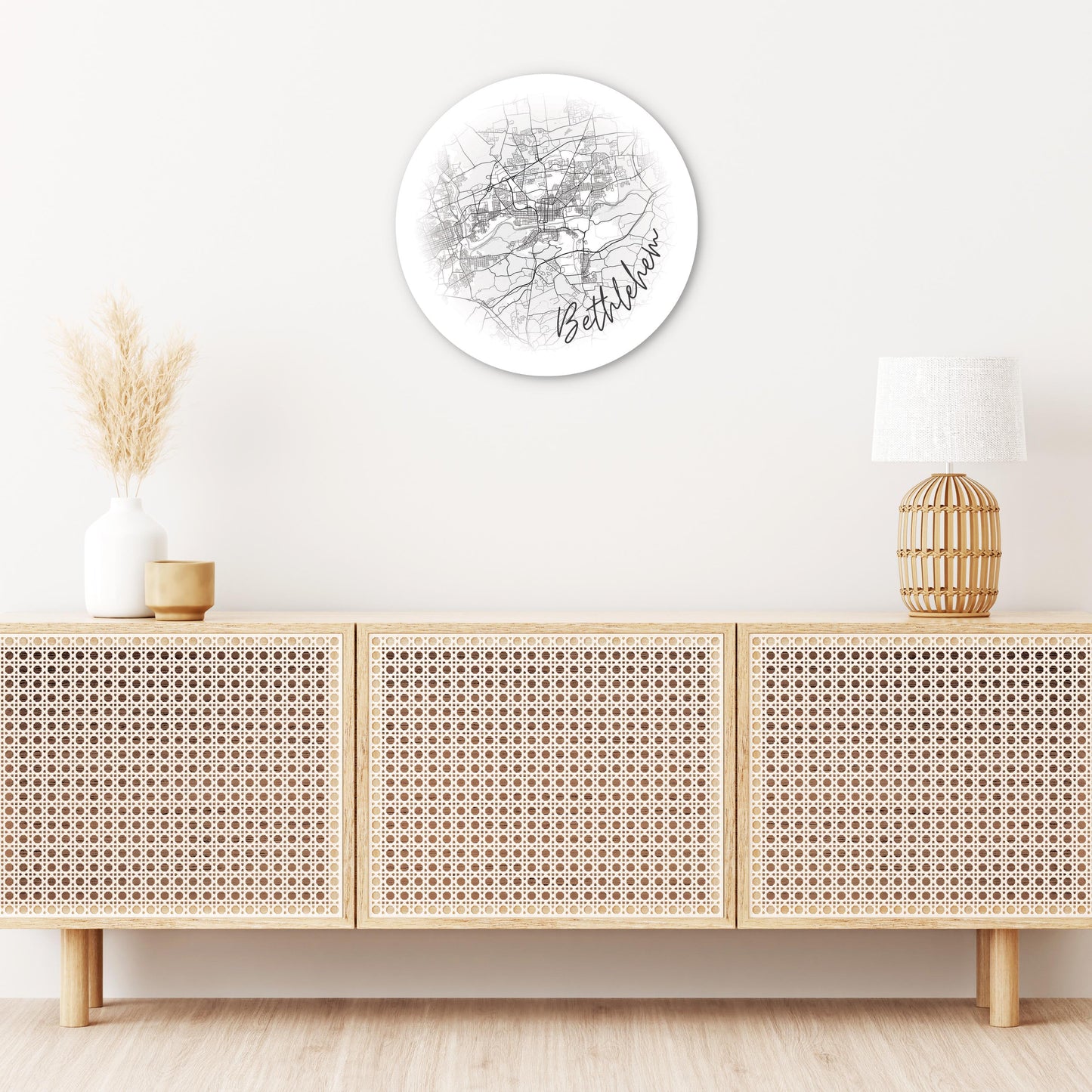 Minimalistic B&W Pennsylvania Bethlehem Circle Map | Wood Sign | Eaches | Min 1