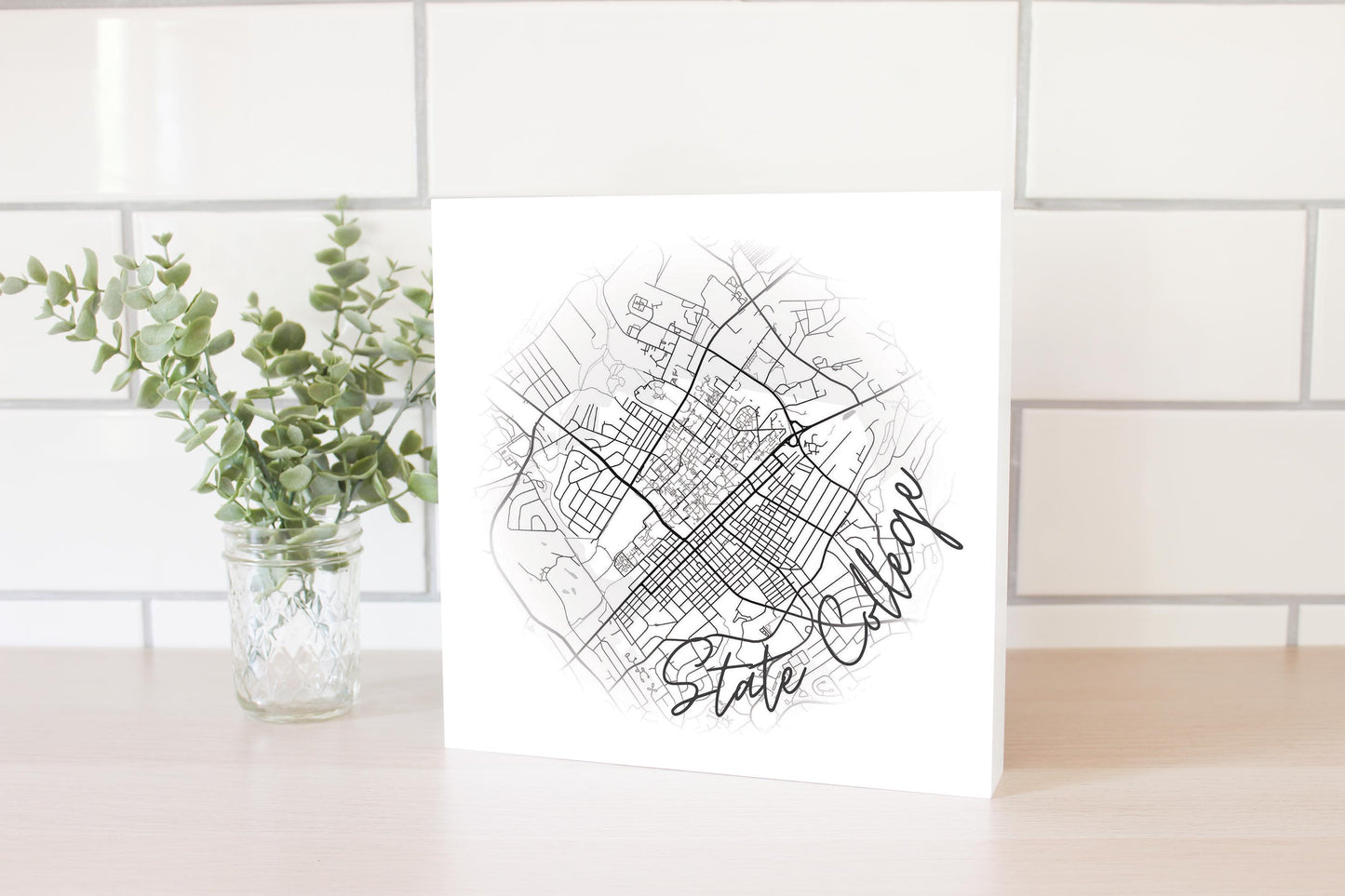 Minimalistic B&W Pennsylvania State College Circle Map | Wood Block | Eaches | Min 2