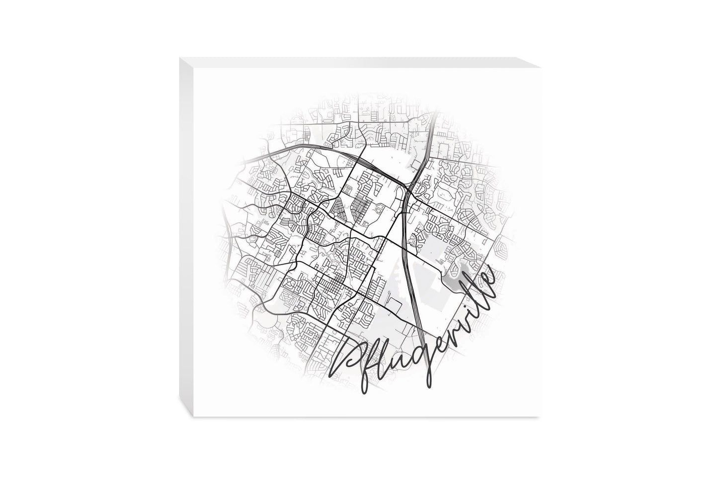 Minimalistic B&W Texas Pflugerville Circle Map | Wood Block | Eaches | Min 2