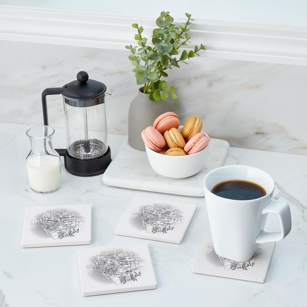 Minimalistic B&W New York Buffalo Faded Circle Map | Absorbent Coasters | Set of 4 | Min 2