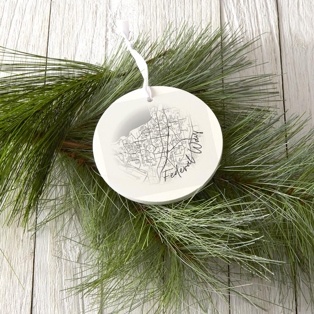 Minimalistic B&W Washington Federal Way Circle Map | Wood Ornament | Eaches | Min 6