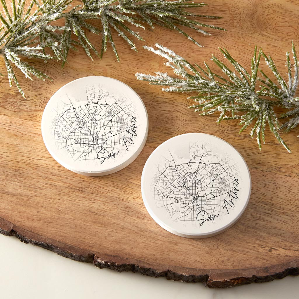 Minimalistic B&W Texas San Antonio Circle Map| Absorbent Car Coasters | Set of 2 | Min 4