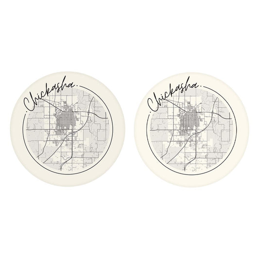 Modern Minimalist Oklahoma Chickasha Map | Absorbent Car Coasters | Set of 2 | Min 4