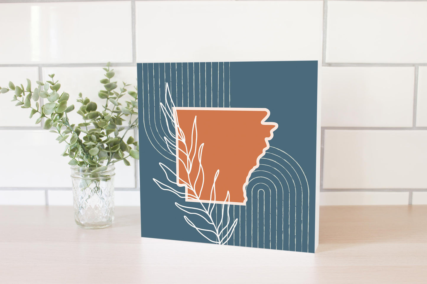 Modern Minimalist Arkansas State Shape With Leaf | Wood Block | Eaches | Min 2
