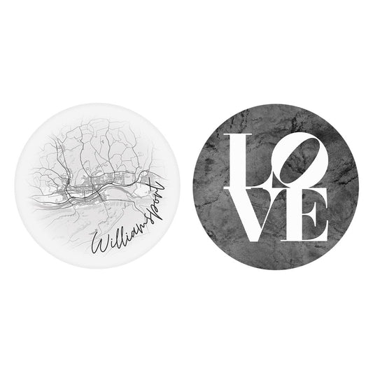 Minimalistic B&W Pennsylvania Williamsport Circle Love| Absorbent Car Coasters | Set of 2 | Min 4