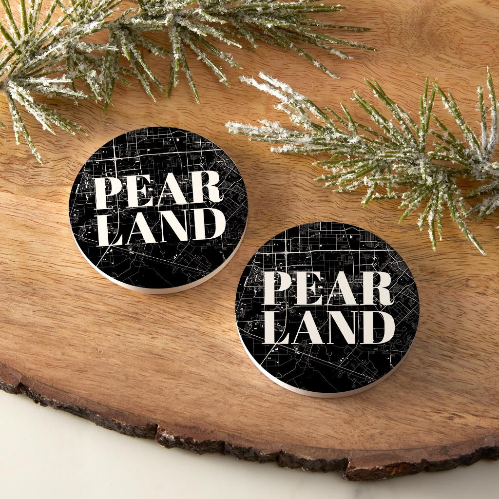 Minimalistic B&W Texas Pearland City Map | Absorbent Car Coasters | Set of 2 | Min 4