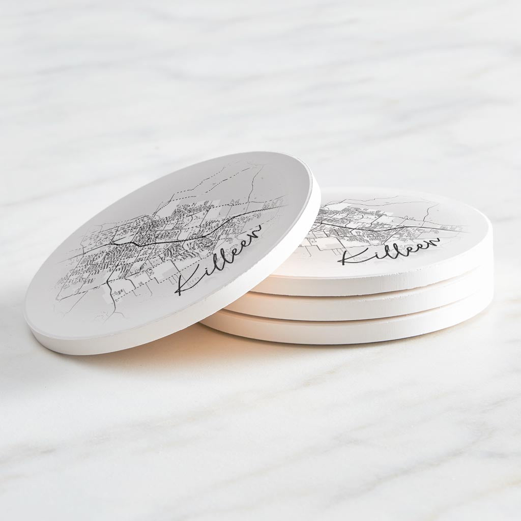 Minimalistic B&W Texas Killeen Circle Map | Absorbent Coasters | Set of 4 | Min 2