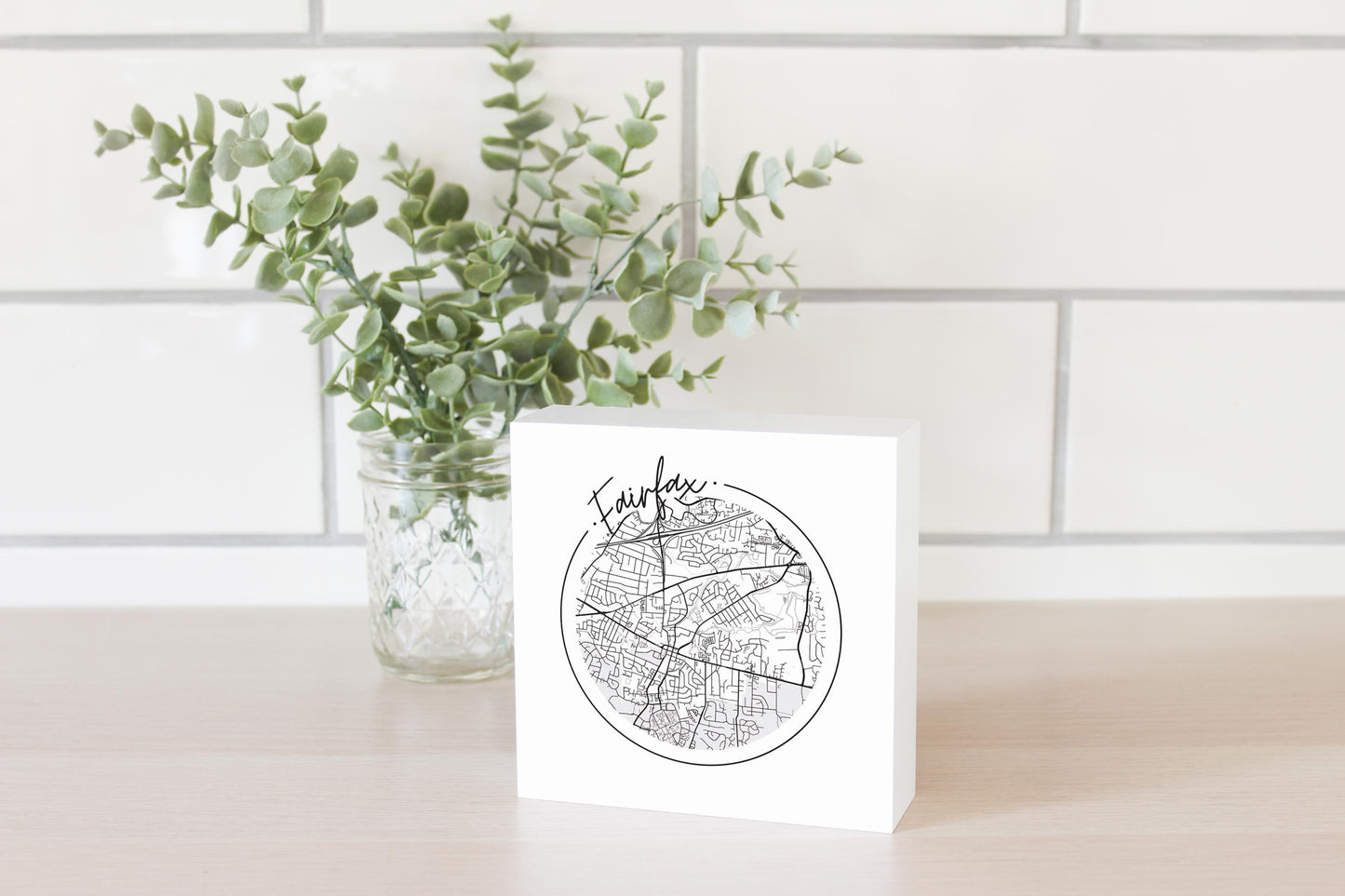 Minimalistic B&W Virginia Fairfax Circle Map | Wood Block | Eaches | Min 4