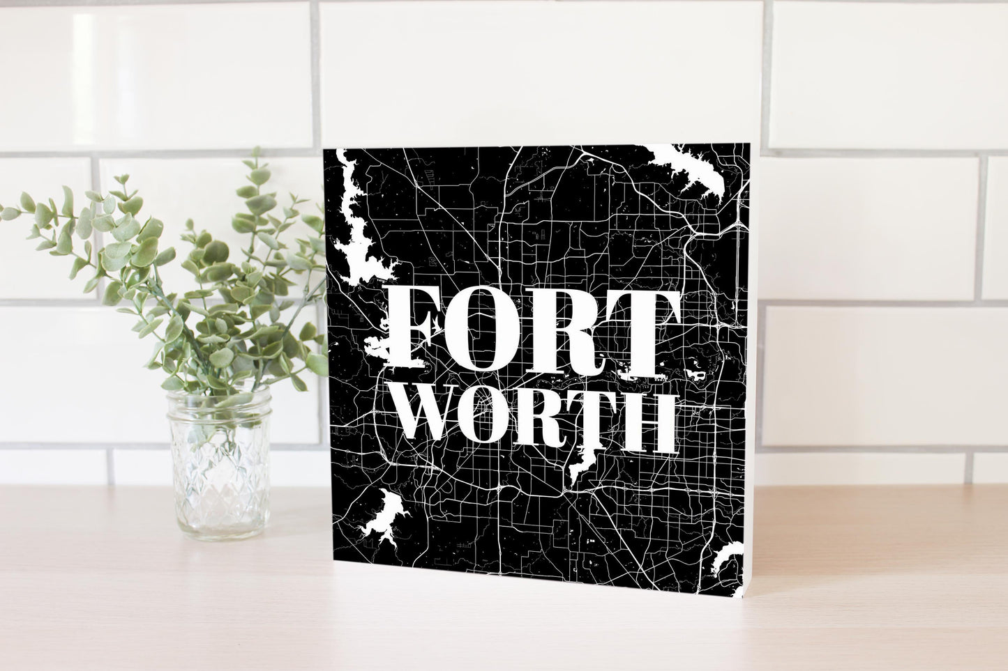 Minimalistic B&W Texas Fort Worth Map | Wood Block | Eaches | Min 2