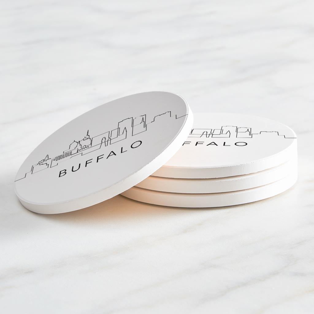 Minimalistic B&W New York Buffalo Skyline | Absorbent Coasters | Set of 4 | Min 2