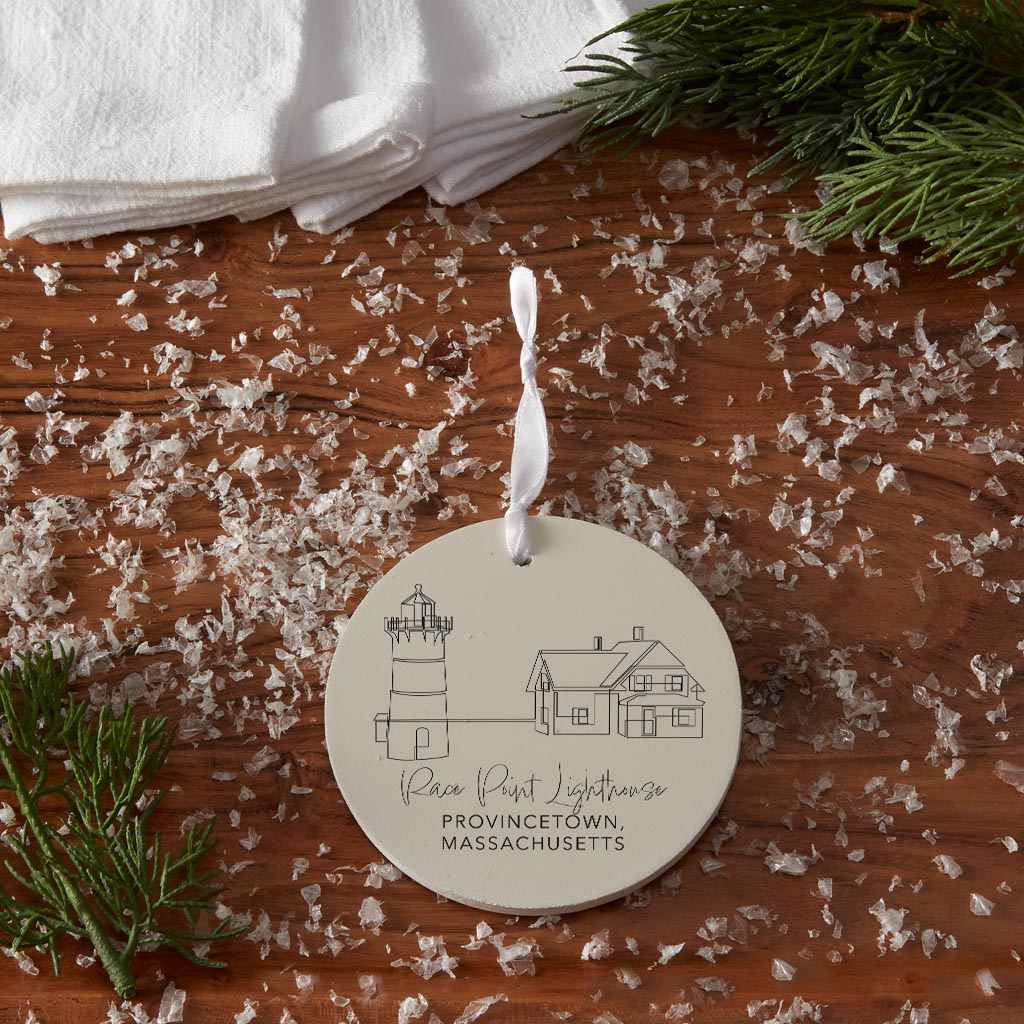 Cream Race Point Lighthouse| Wood Ornament | Eaches | Min 6