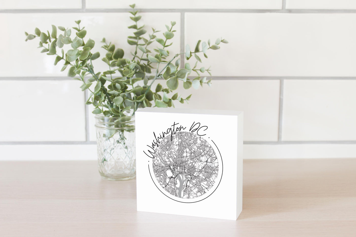 Minimalistic B&W Washington Dc Circle Map | Wood Block | Eaches | Min 4