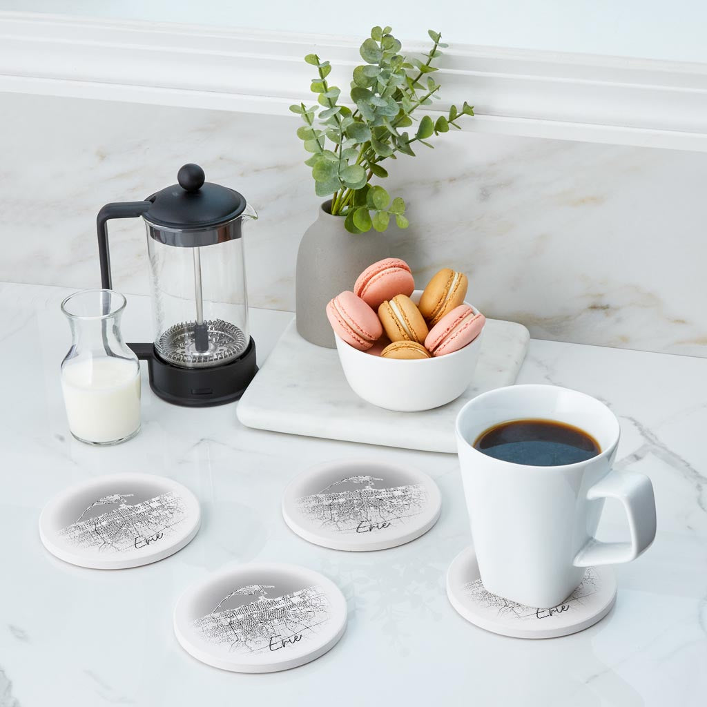 Minimalistic B&W Pennsylvania Erie Circle Map | Absorbent Coasters | Set of 4 | Min 2