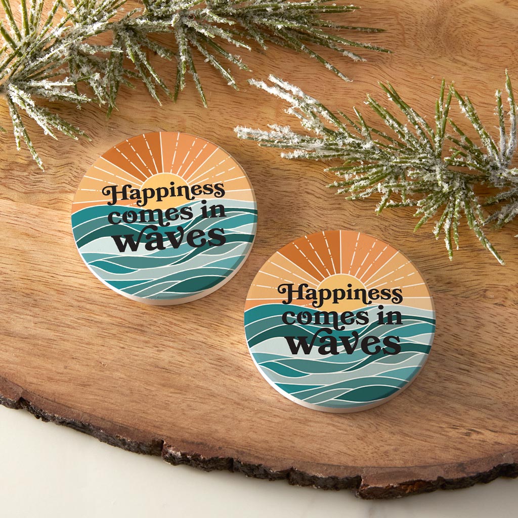 Happiness Comes In Waves | Absorbent Car Coasters | Set of 2 | Min 4