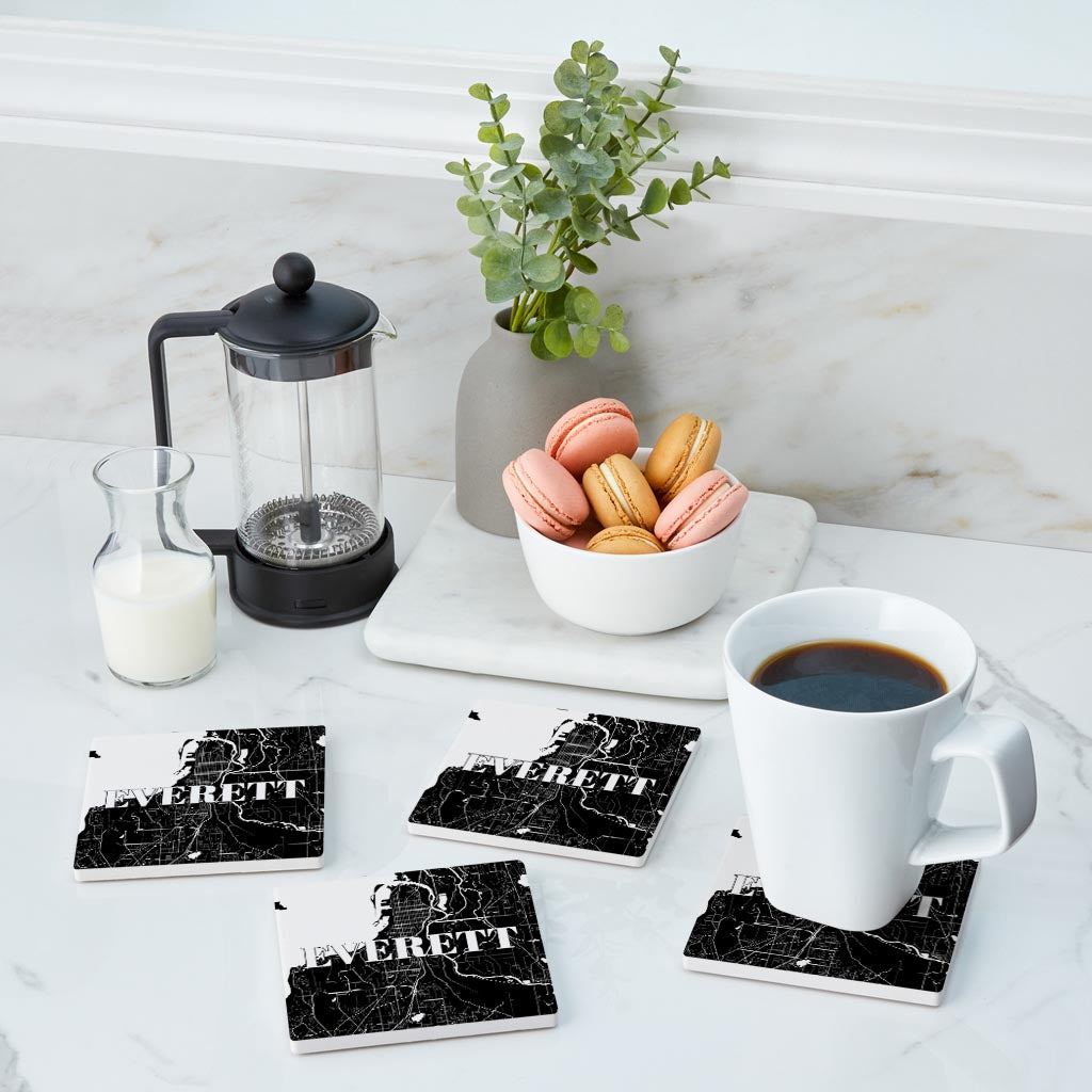 Minimalistic B&W Washington Everett Map | Absorbent Coasters | Set of 4 | Min 2