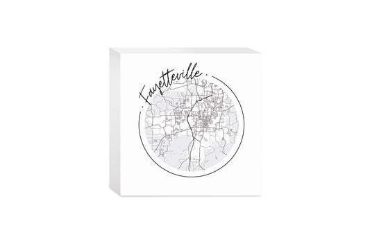 B&W Minimalist Arkansas Fayetteville Circle Map | Wood Block | Eaches | Min 4