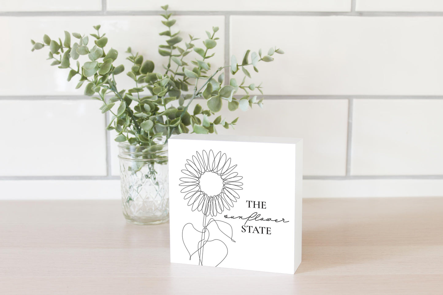 Minimalist B&W Kansas Sunflower Line Drawing | Wood Block | Eaches | Min 4