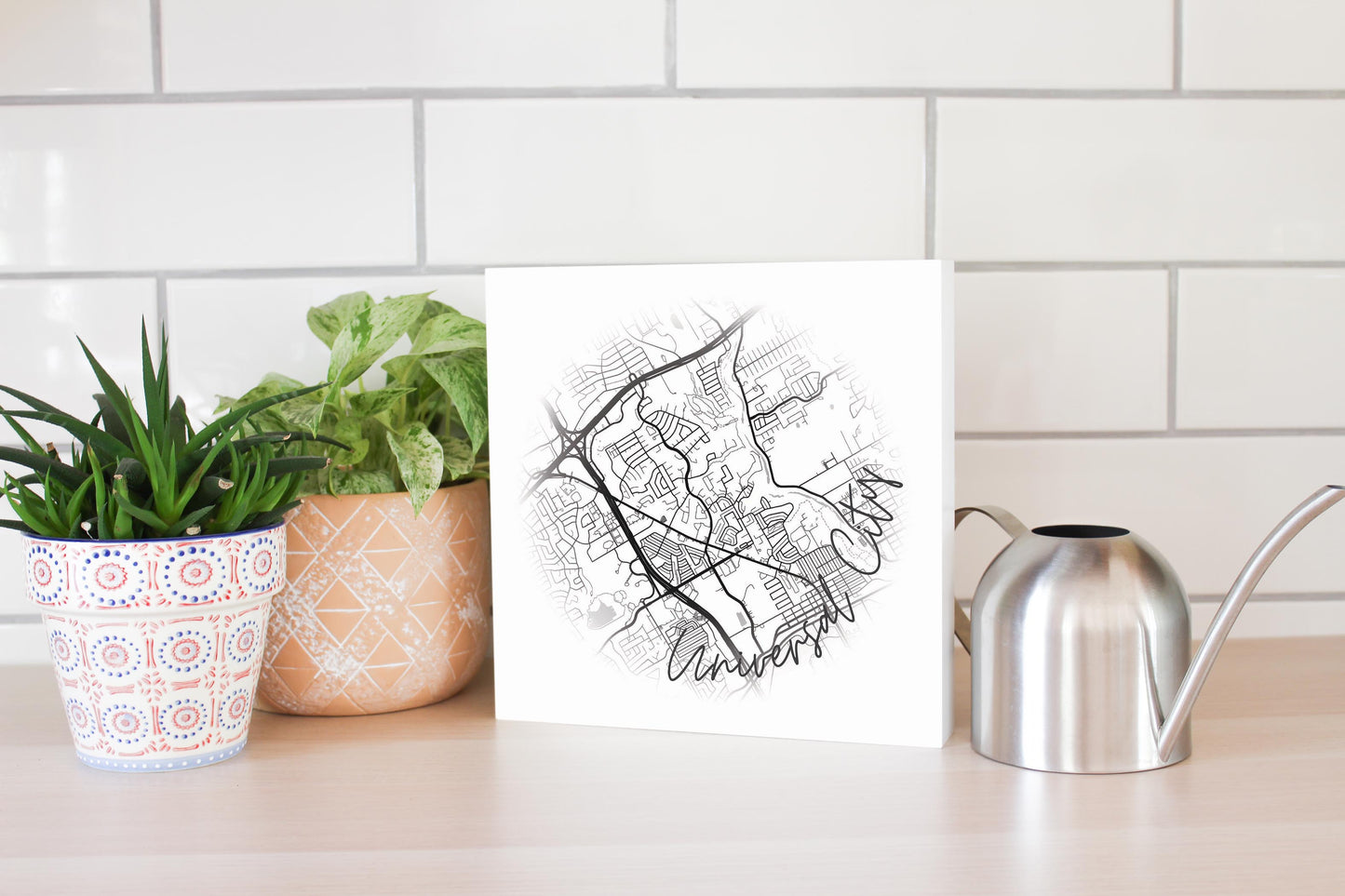 Minimalistic B&W Texas Universal City Circle Map | Wood Block | Eaches | Min 2