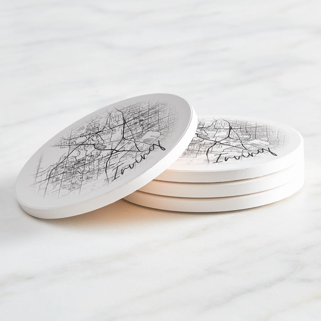 Minimalistic B&W Texas Irving Circle Map | Absorbent Coasters | Set of 4 | Min 2