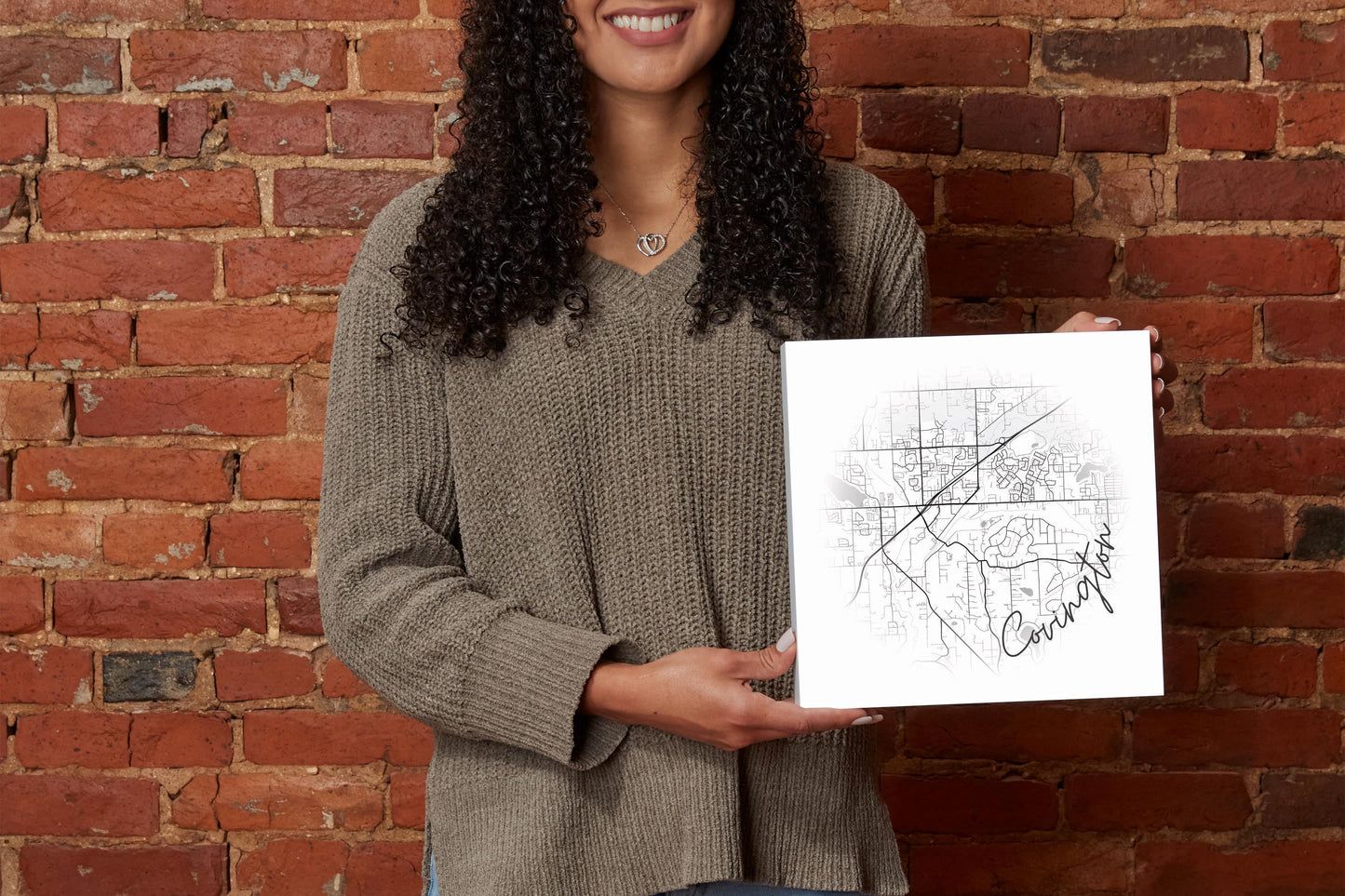 Minimalistic B&W Washington Covington Circle Map | Wood Block | Eaches | Min 2