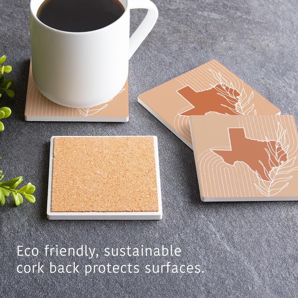 Modern Minimalist Texas State Shape With Leaf | Absorbent Coasters | Set of 4 | Min 2