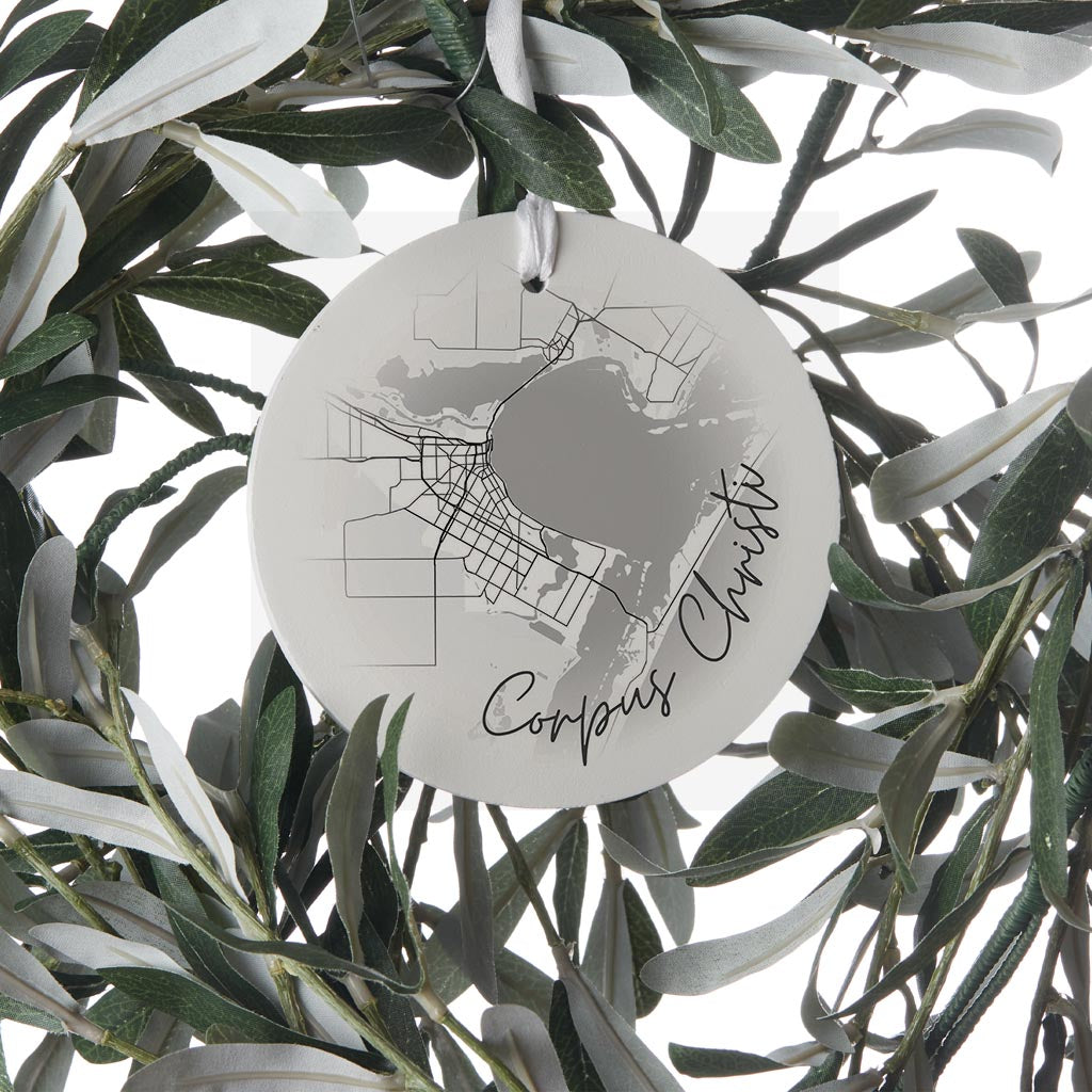 Minimalistic B&W Texas Corpus Christi Circle Map | Wood Ornament | Eaches | Min 6