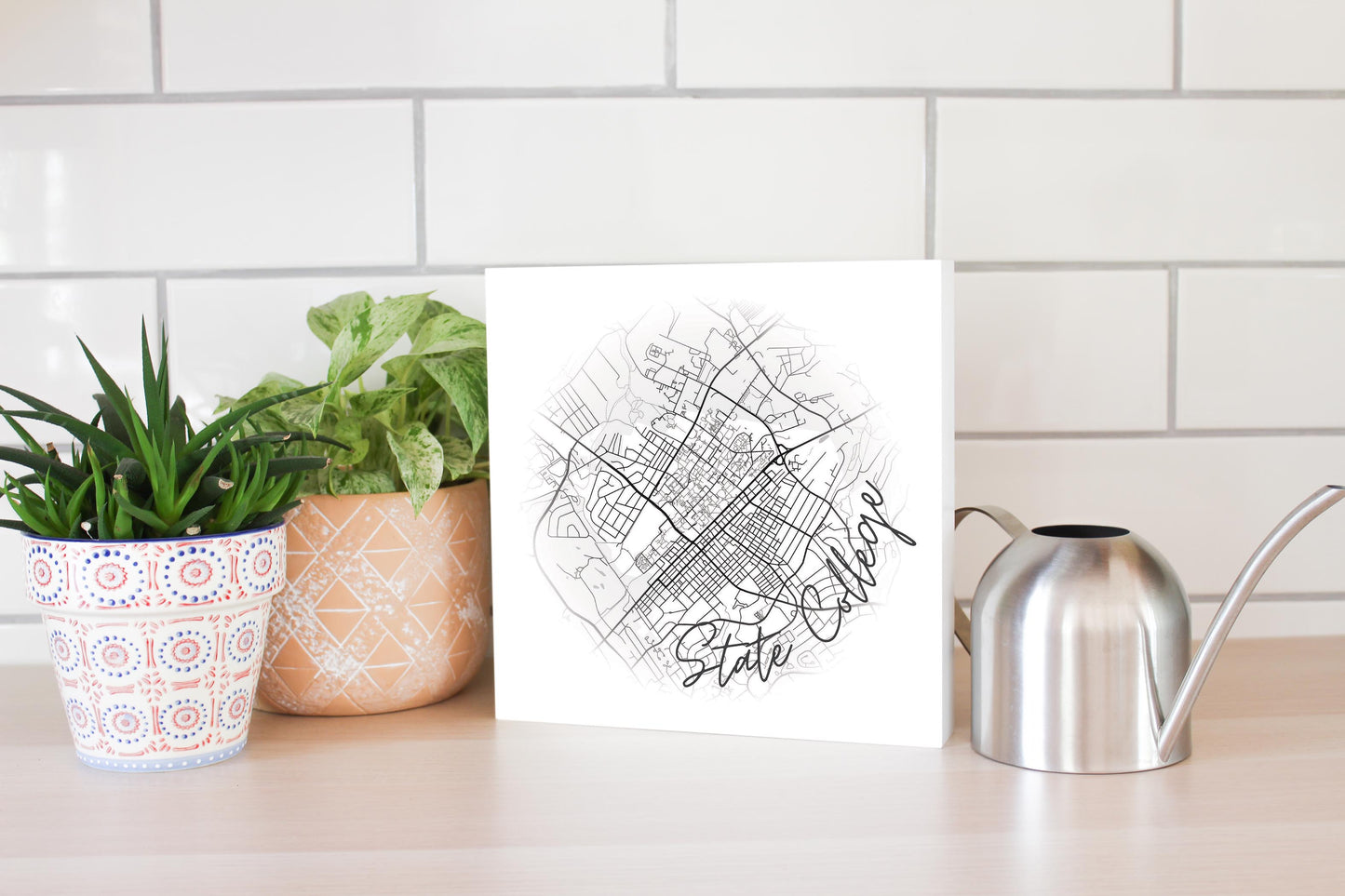 Minimalistic B&W Pennsylvania State College Circle Map | Wood Block | Eaches | Min 2