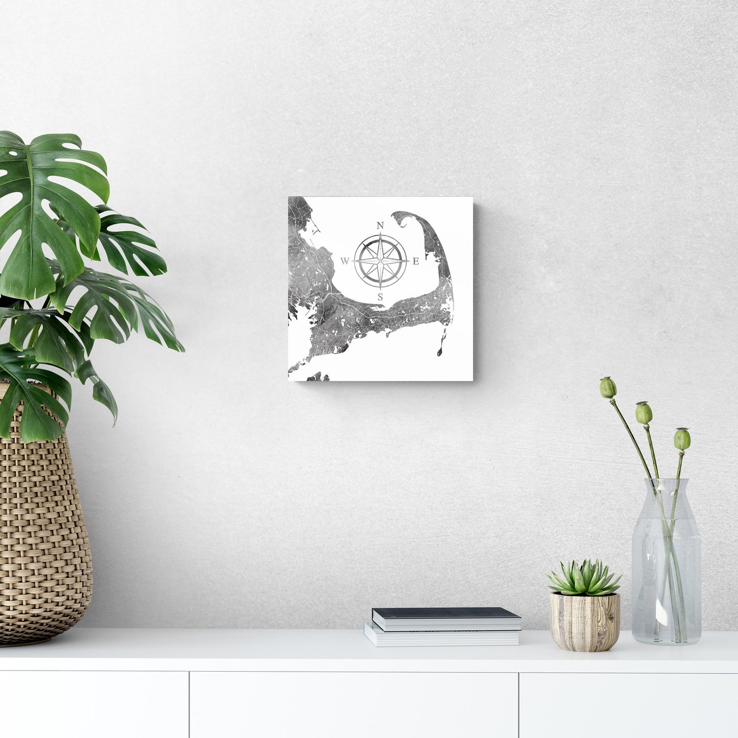Minimalistic B&W Cape Cod Map With Compass | Hi-Def Glass Art | Eaches | Min 1