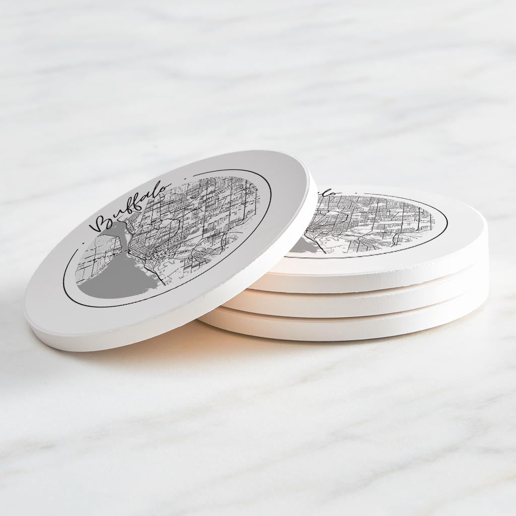 Minimalistic B&W New York Buffalo Circle Map | Absorbent Coasters | Set of 4 | Min 2