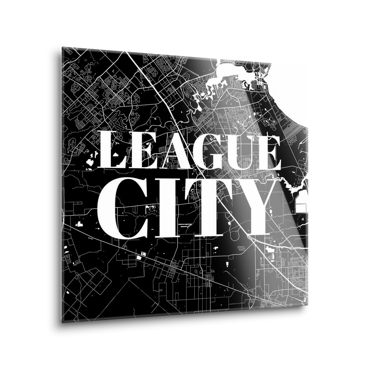Minimalistic B&W Texas League City Map | Hi-Def Glass Art | Eaches | Min 2