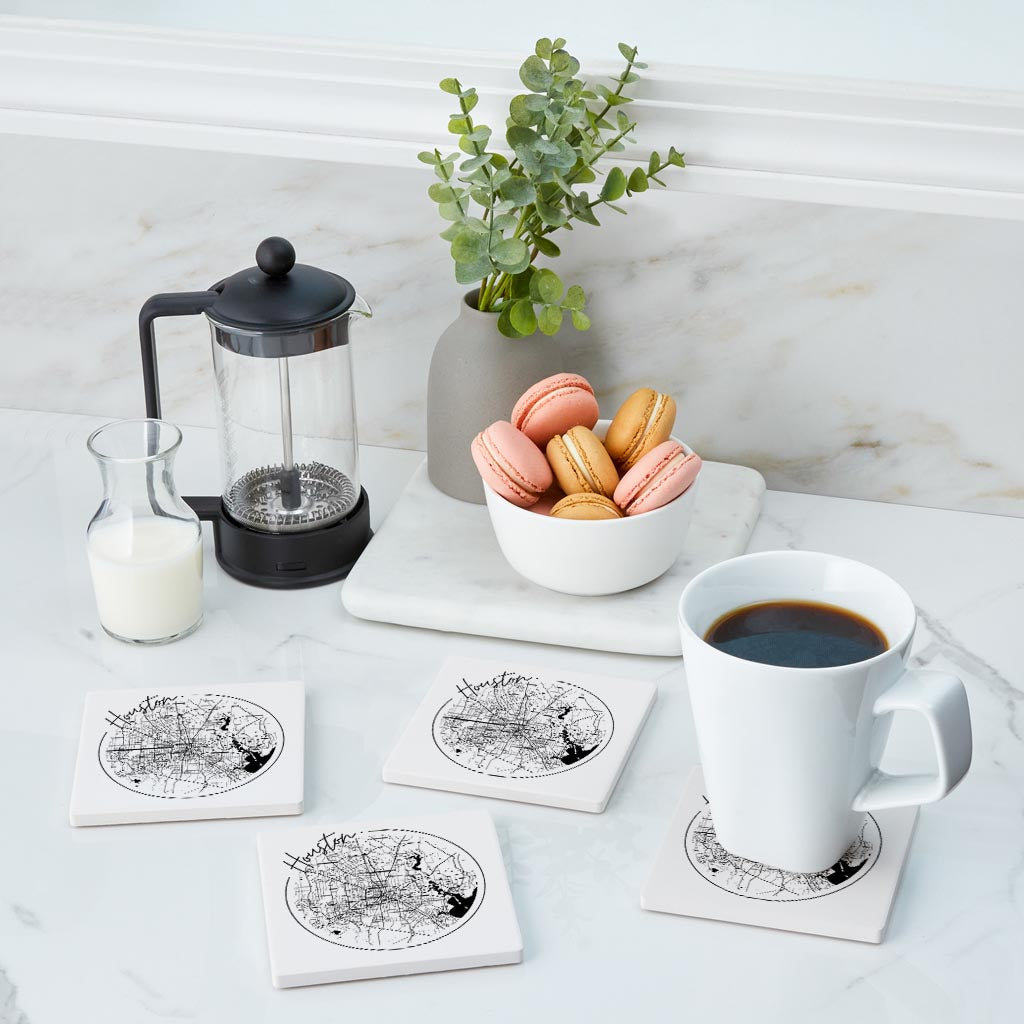 Modern Houston White Round Map | Absorbent Coasters | Set of 4 | Min 2