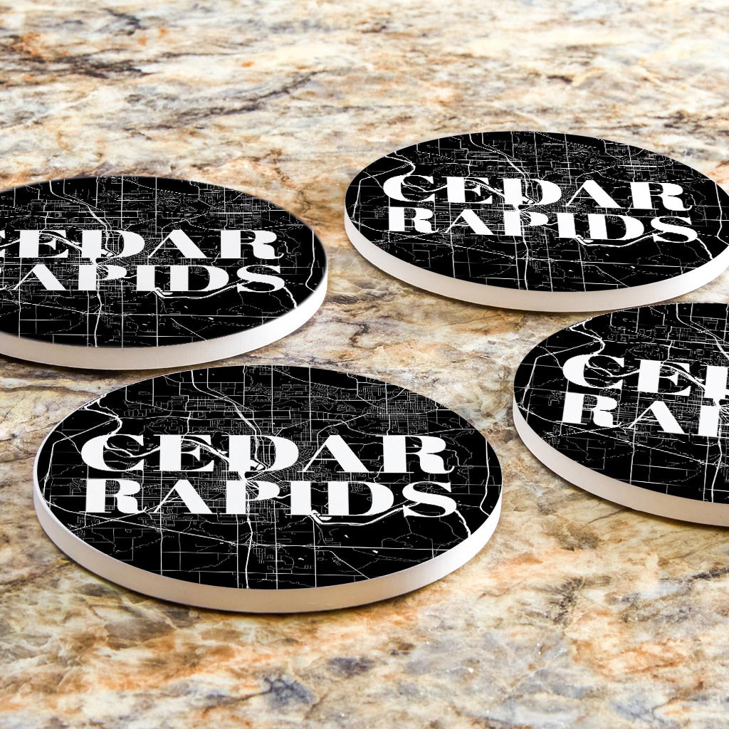 Minimalistic B&W Iowa Cedar Rapids Map | Absorbent Coasters | Set of 4 | Min 2