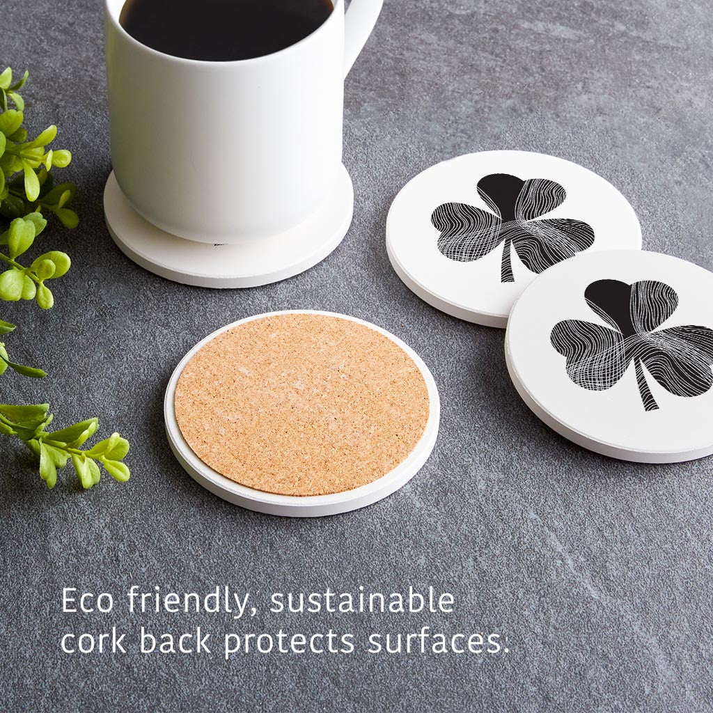 Minimalistic B&W Shamrock Shape Fluid Lines | Absorbent Coasters | Set of 4 | Min 2