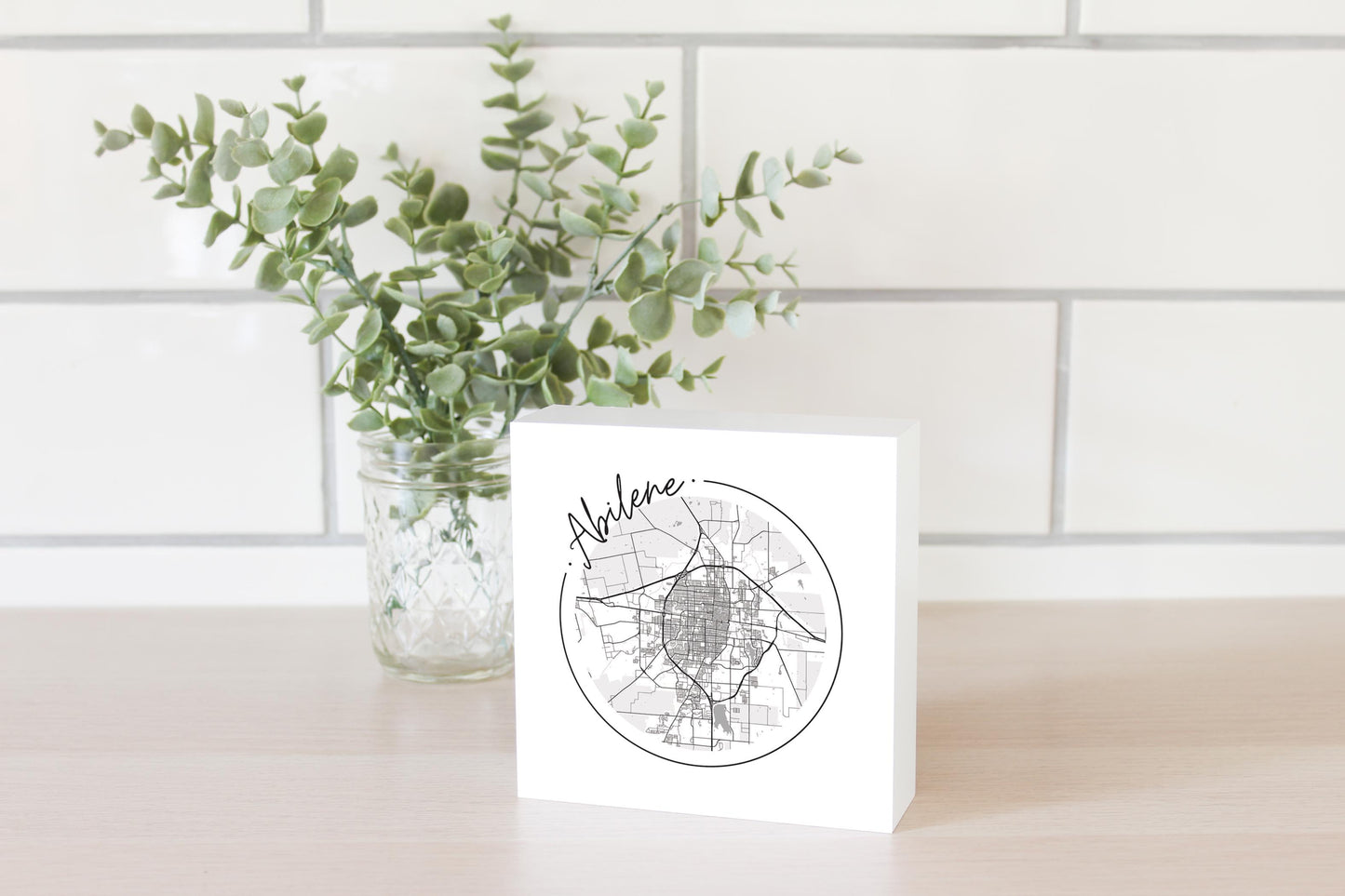 Minimalist B&W Texas Abilene Circle Map | Wood Block | Eaches | Min 4
