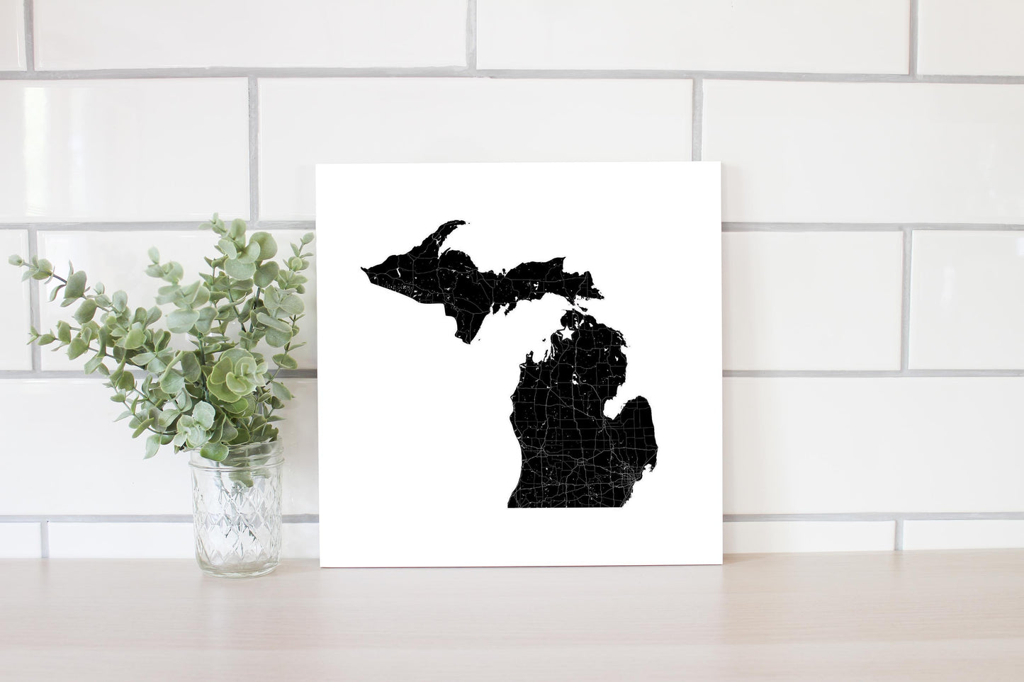 Minimalistic B&W Michigan Map Petoskey Star | Wood Sign | Eaches | Min 2