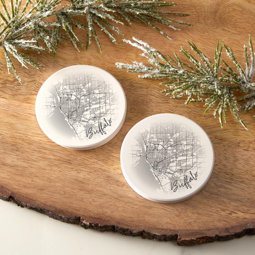 Minimalistic B&W New York Buffalo Faded Circle Map| Absorbent Car Coasters | Set of 2 | Min 4