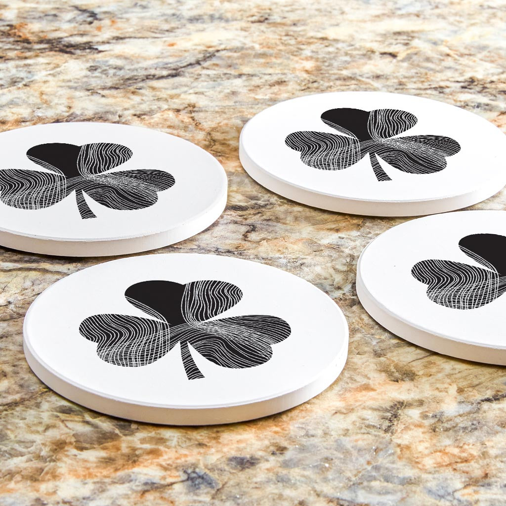 Minimalistic B&W Shamrock Shape Fluid Lines | Absorbent Coasters | Set of 4 | Min 2