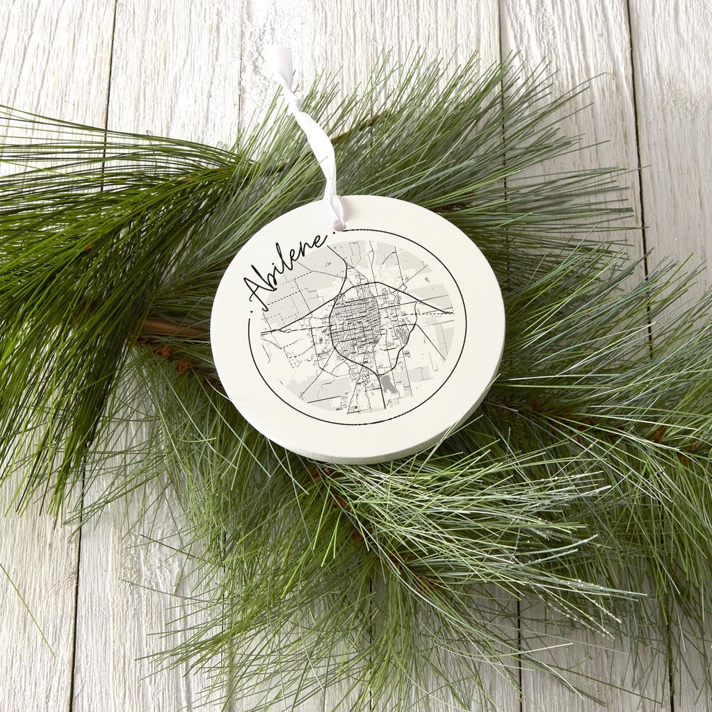 Minimalist B&W Texas Abilene Circle Map| Wood Ornament | Eaches | Min 6