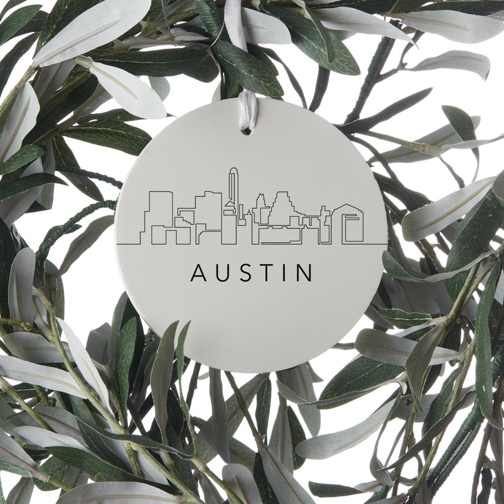 Minimalist B&W Texas Austin Skyline | Wood Ornament | Eaches | Min 6